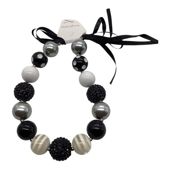 Chunky Beaded Girls Necklace With Ribbon Tie Closure In Black White & Silver - Picture 9 of 11